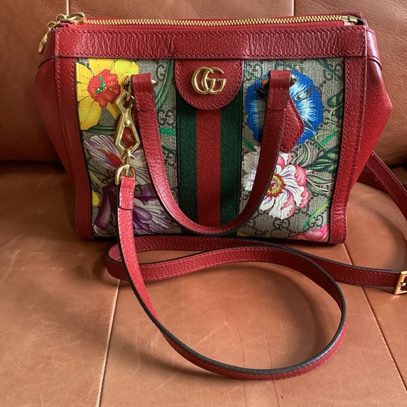 GUCCI GG Supreme Monogram Flora Web Small Ophidia Tote Bag Red - Picture 15 of 17